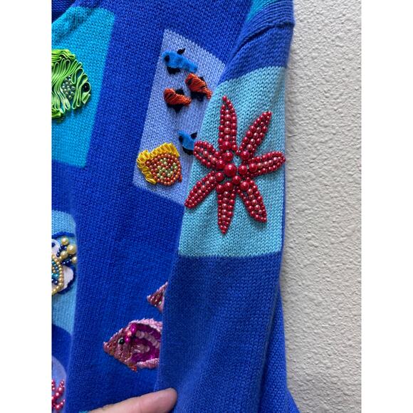 VTG Michael Simon y2k Ocean Aquarium Wearable Art Cardigan Sweater 2X Blue Fish - Picture 10 of 13